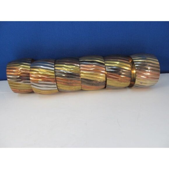 Vintage Brass Copper Silver Ribbed Napkin Ring Holders Set of 6 - Picture 3 of 13